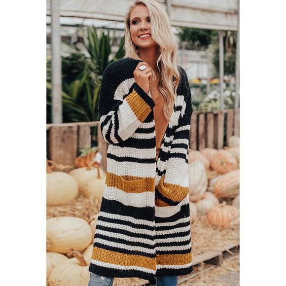Striped Mustard & Black Open Front Cardigan with Pockets – Size Large - Picture 1 of 2